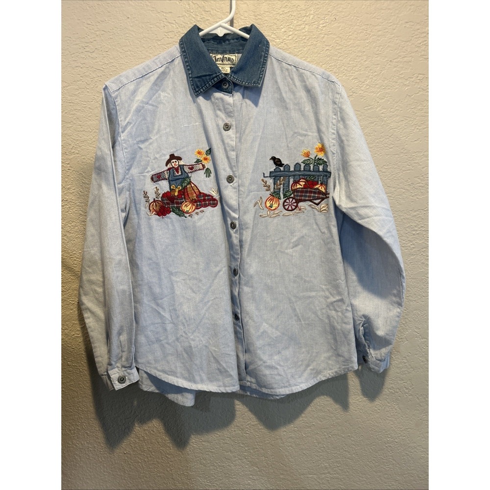 Tantrums Cotton Blue & White Striped Denim Collar Embroidered Fall Shirt PL